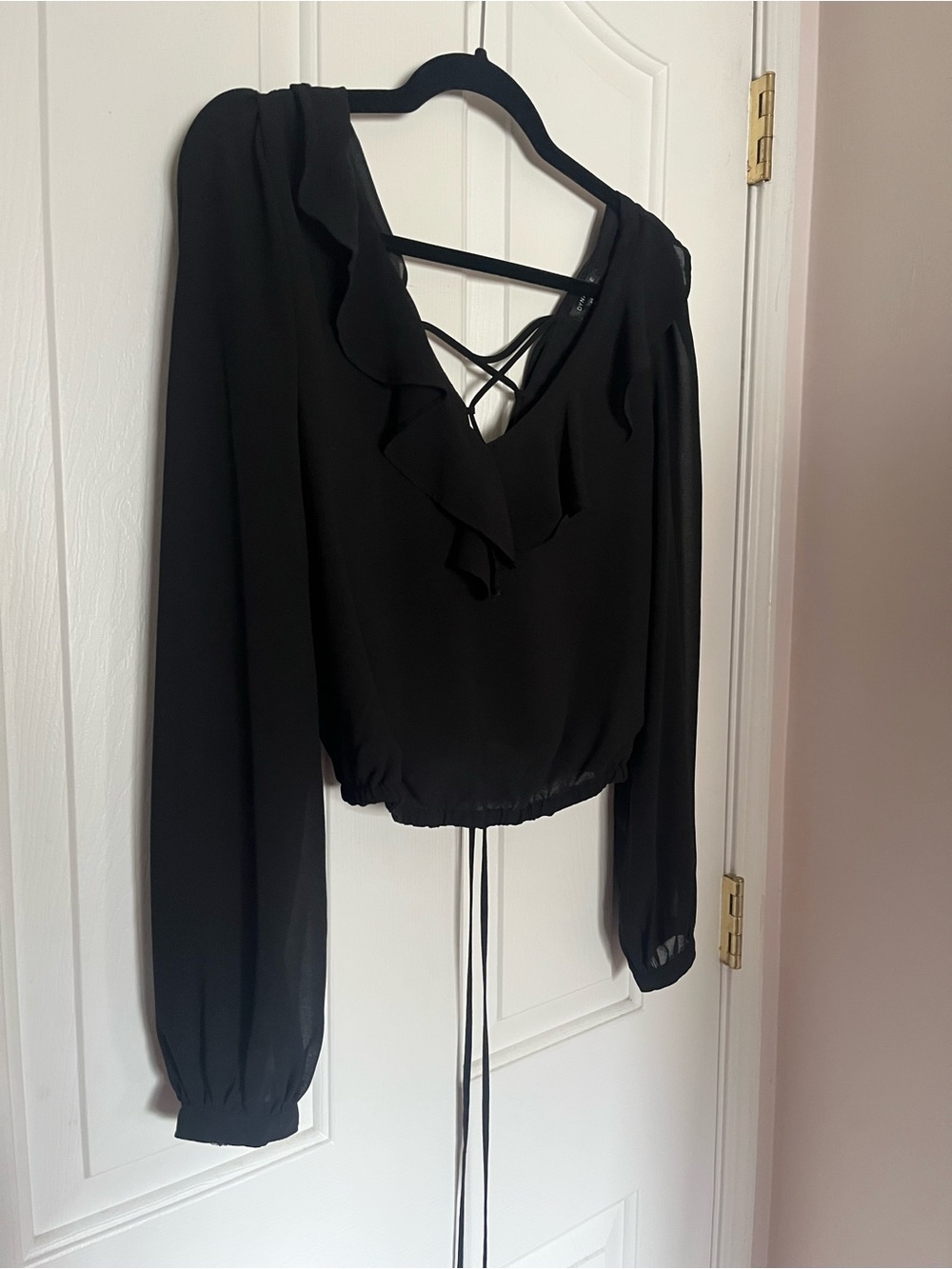 Dynamite Black Ruffle V-Neck Long Sleeve Top